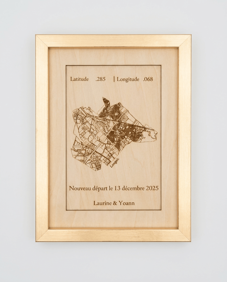 Cadre en bois avec gravure souvenir personnalisée par my-gravure.